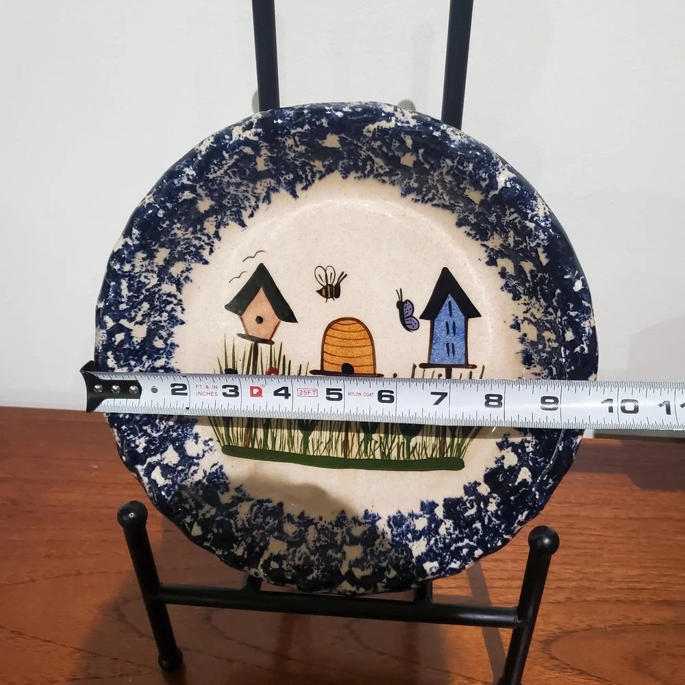 Spatterware pottery blue‎ and white pie plate w/ birdhouse nature motif